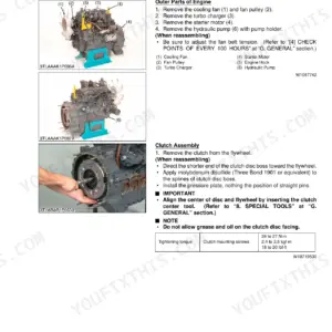 Kubota M59, TL1350, BT1200 engine outer parts disassembly, clutch assembly procedure, and clutch torque specifications.