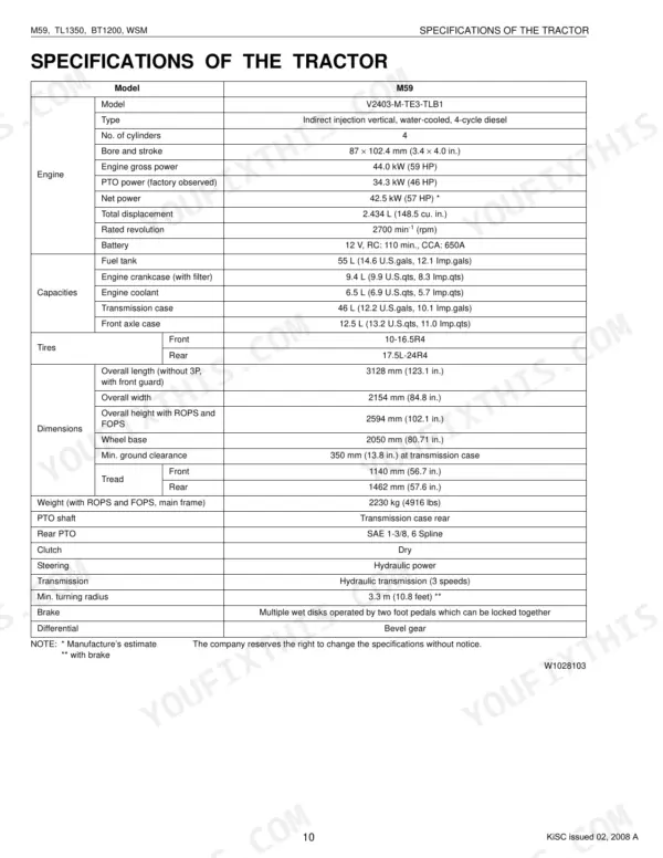 Kubota M59, TL1350, BT1200 tractor specifications table including engine, capacities, dimensions, and weight data.