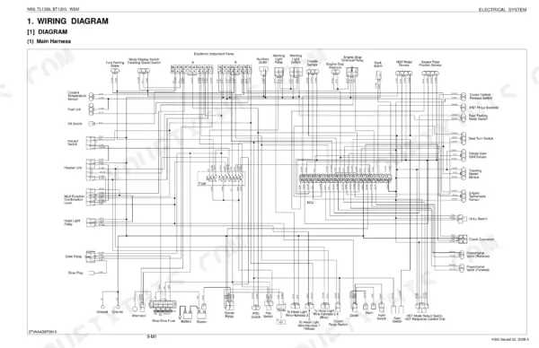 Kubota M59, TL1350, BT1200 main harness electrical wiring diagram showing ECU, fuse box, and sensor connections.