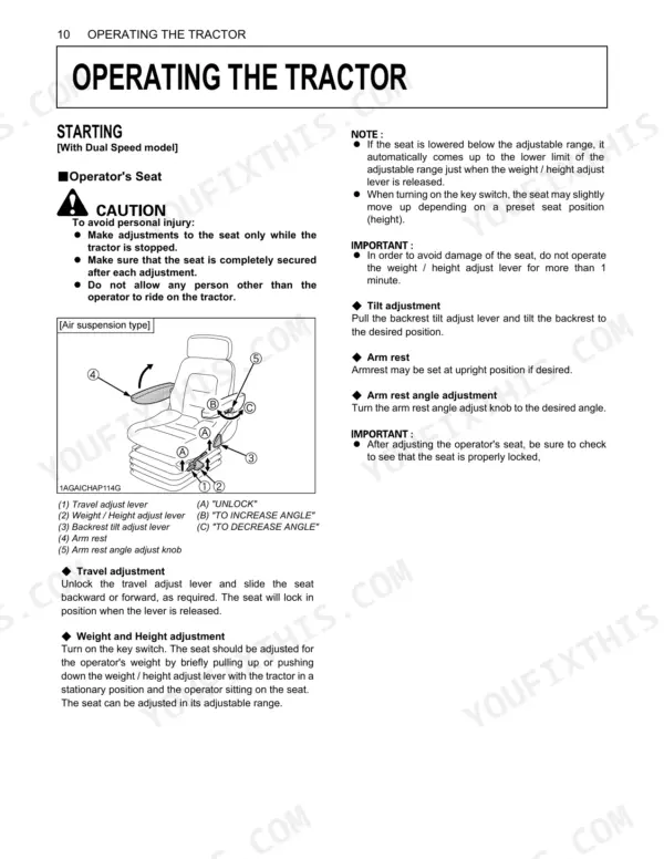 Kubota M6040, M7040, M8540, M9540 operator seat adjustment diagram, including air suspension seat controls and procedures.