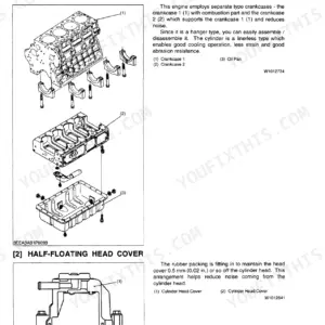 Kubota M95S-ROPS, M105S-ROPS, M105SDSL exploded view of engine cylinder block, crankcase, oil pan, and head cover.