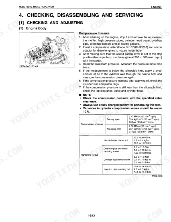 Kubota M95S-ROPS, M105S-ROPS, M105SDSL engine compression pressure testing procedure, specifications, and torque settings.