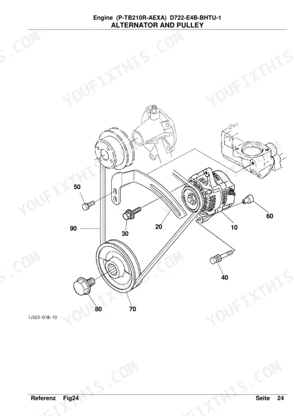 Kubota P-TB210R-AEXA exploded view diagram of engine alternator, pulley, and fan belt assembly components.