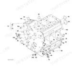 Kubota P-TB210R-AEXA engine crankcase exploded view diagram showing plugs, pins, and drain cock components.