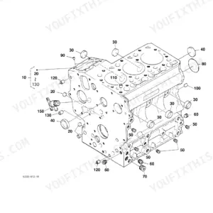 Kubota P-TB210R-AEXA engine crankcase exploded view diagram showing plugs, pins, and drain cock components.