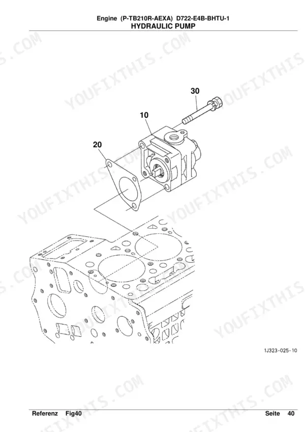 Kubota P-TB210R-AEXA exploded view of hydraulic pump mounting to engine block with gasket and bolt components.
