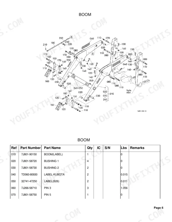 Kubota TL500 boom assembly exploded parts diagram with component reference numbers