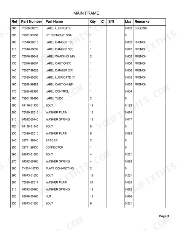 Kubota TL500 parts catalog page 4 parts list with component numbers and descriptions