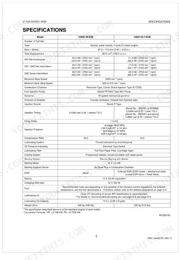 Kubota V2607-DI-E3B V2607-DI-T-E3B V3007-DI-T-E3B V3307-DI-T-E3B engine general specifications table