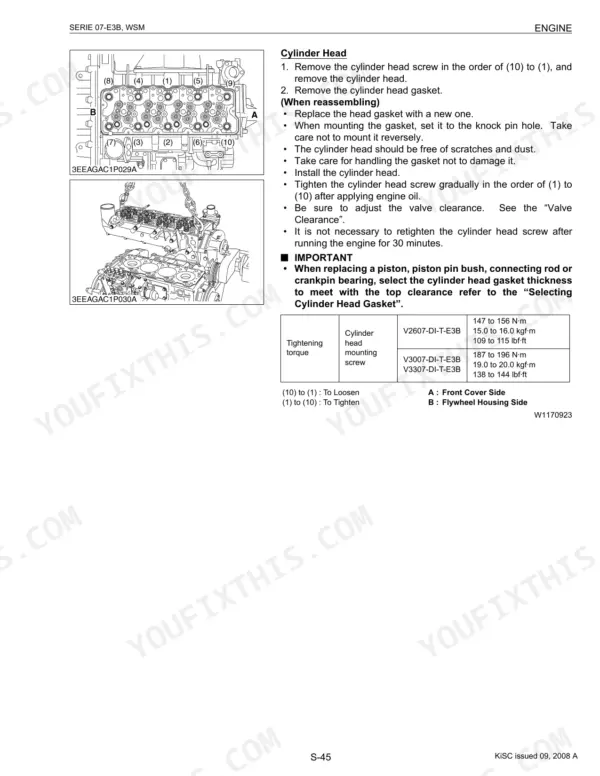 Kubota V2607/V3007/V3307-DI-T-E3B cylinder head removal reassembly procedure with bolt torque specs diagram