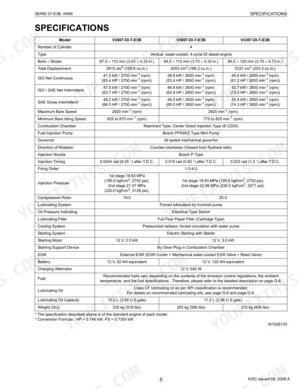 Kubota V2607-DI-T-E3B V3007-DI-T-E3B V3307-DI-T-E3B engine specifications table workshop manual page 7