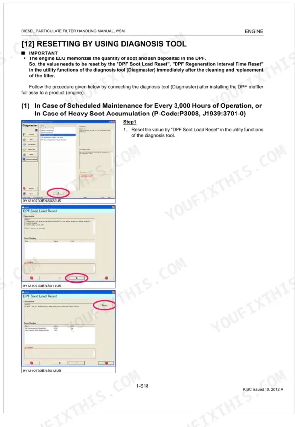 Kubota V3800, V6108 DPF Soot Load Reset procedure using Diagmaster diagnosis tool software screenshots.