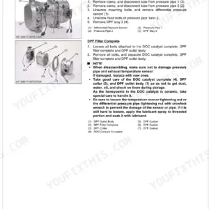 Kubota V3800, V6108 DPF muffler disassembly procedure, differential pressure sensor, and DOC catalyst exploded view.