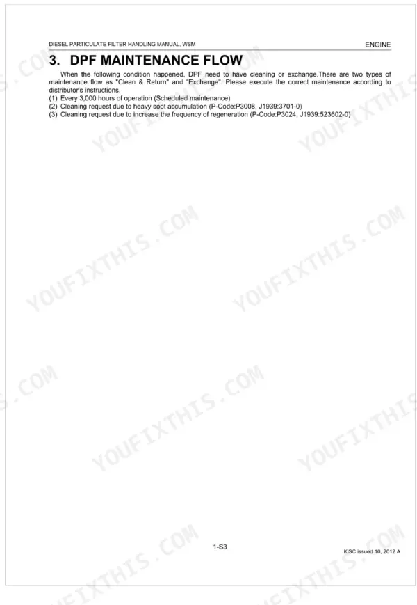 Kubota V3800, V6108 DPF maintenance flow chart detailing cleaning and exchange conditions and error codes.