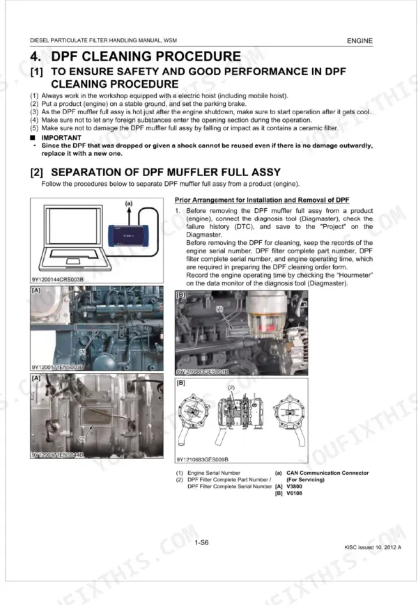 Kubota V3800, V6108 DPF muffler cleaning and separation procedure, including diagnostic tool connection and serial number locations.