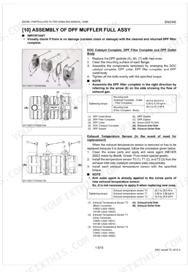 Kubota V3800, V6108 DPF muffler assembly and exhaust temperature sensor installation procedures and torque specifications.
