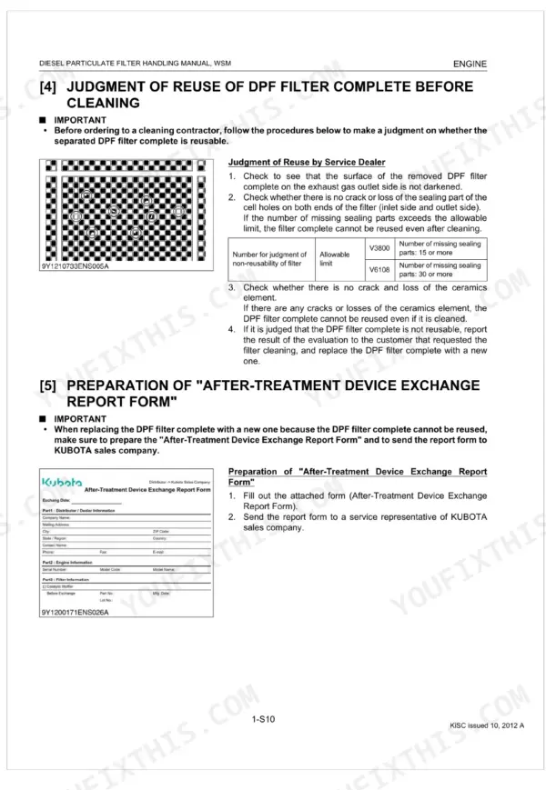 Kubota V3800, V6108 DPF filter reuse judgment criteria, inspection procedures, and after-treatment exchange report form.