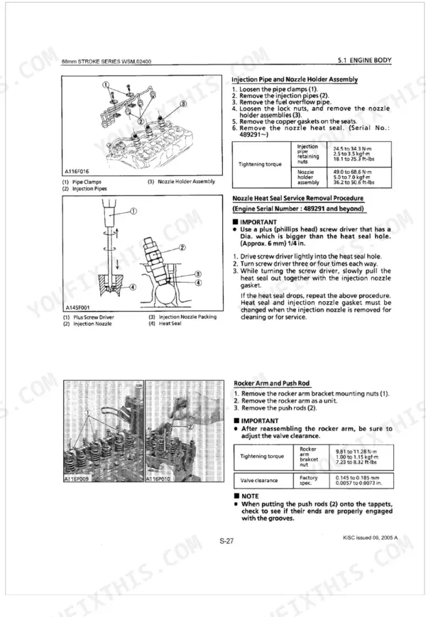 Kubota D722-B injection pipe nozzle holder removal torque specs and rocker arm push rod procedure