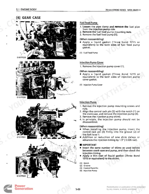 Kubota D750-B D850-B gear case removal procedures: fuel feed pump, injection pump cover, injection pump disassembly steps