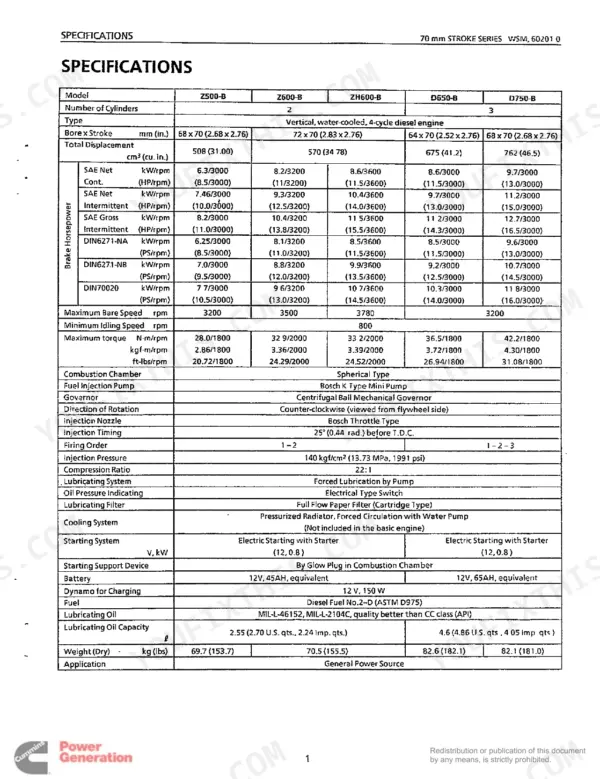 Kubota Z500-B Z600-B D650-B D850-B V1100-B V1200-B engine specifications table