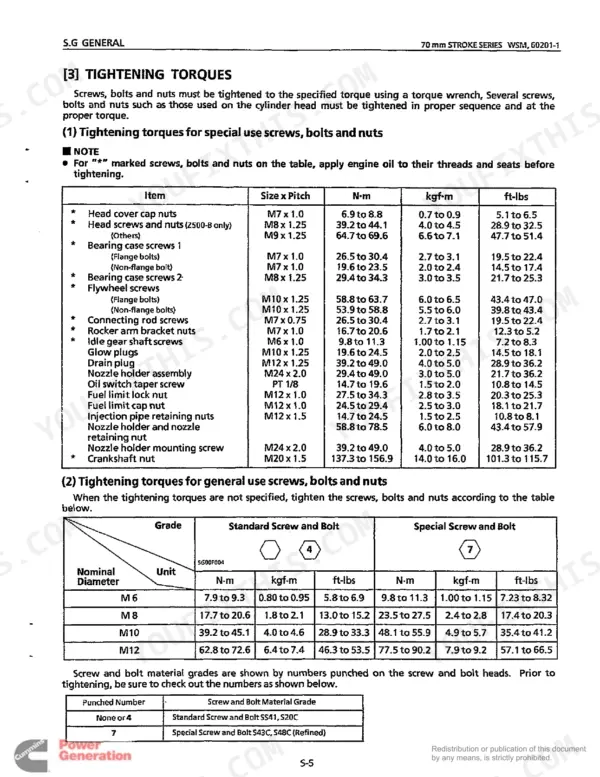 Kubota Z500-B D750-B V1100-B workshop manual torque specifications table page 67