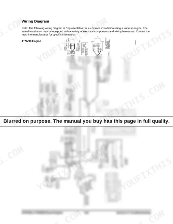 Yanmar 4TNV98, 4TNE98 engine electrical wiring diagram showing key switch, timer, relay, solenoid, and color code table.
