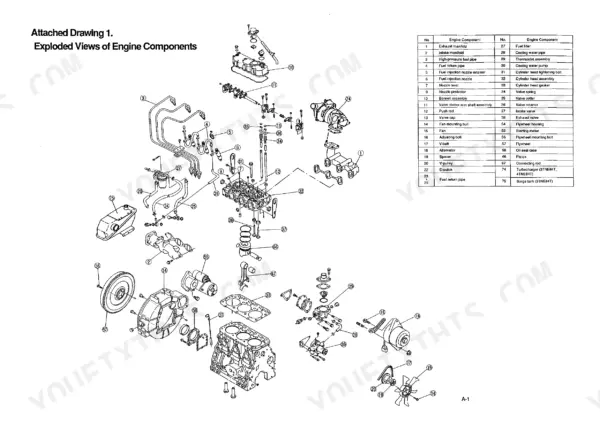 04e64f51-b-exploded-view-134 Yanmar TNE series exploded view diagram of engine components with parts list.
