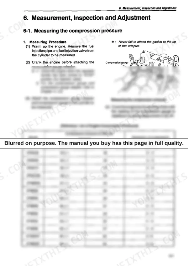 Yanmar TNE series, 2TNE68-4TNE84T compression pressure measurement procedure and engine specification table.