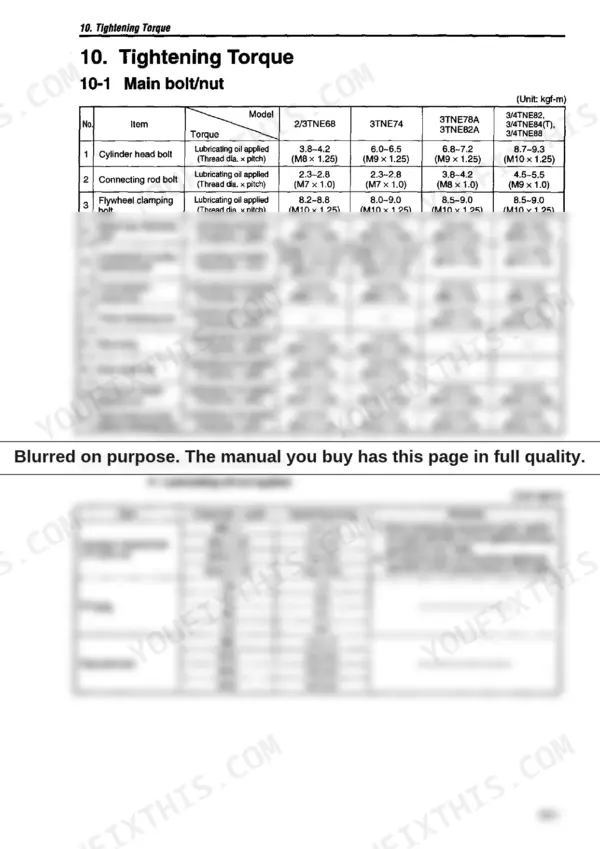 Yanmar TNE series tightening torque specifications table for main bolts, nuts, and standard bolts.