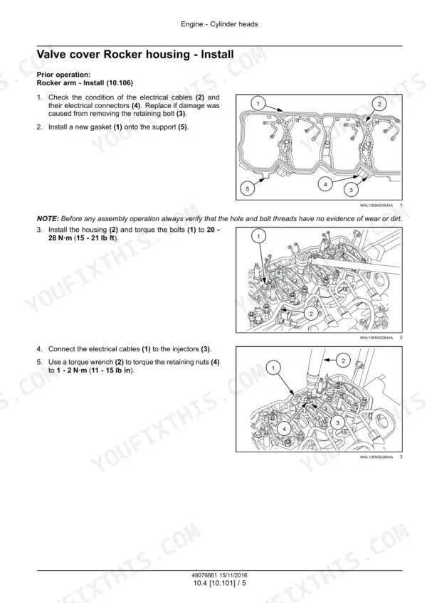 CNH NEF Tier 4A (interim) and Stage IIIB Engine, F4DFE413A*A...F4HFE614E*A001: Valve cover rocker housing installation steps.