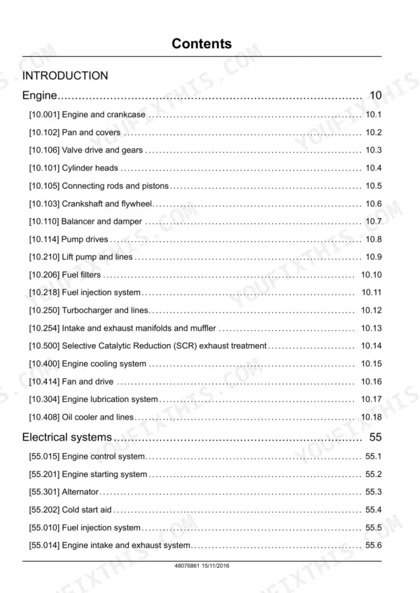 CNH NEF Tier 4A (interim) and Stage IIIB Engine, F4DFE413A*A...F4HFE614E*A001 service manual table of contents page.