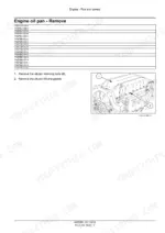0606f912-b2-page-56 CNH NEF Tier 4A and Stage IIIB Engine oil pan removal procedure with diagram showing pan (1) and retaining bolts (2).