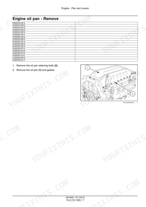 CNH NEF Tier 4A and Stage IIIB Engine oil pan removal procedure with diagram showing pan (1) and retaining bolts (2).