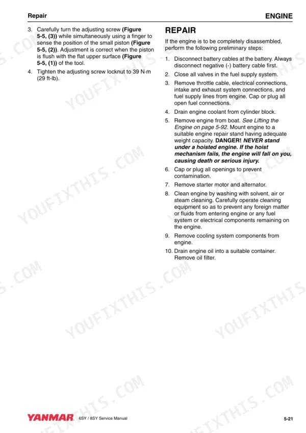 Yanmar 6SY-STP2, 6SY655, 8SY-STP engine repair manual page detailing adjusting screw procedures and engine disassembly.