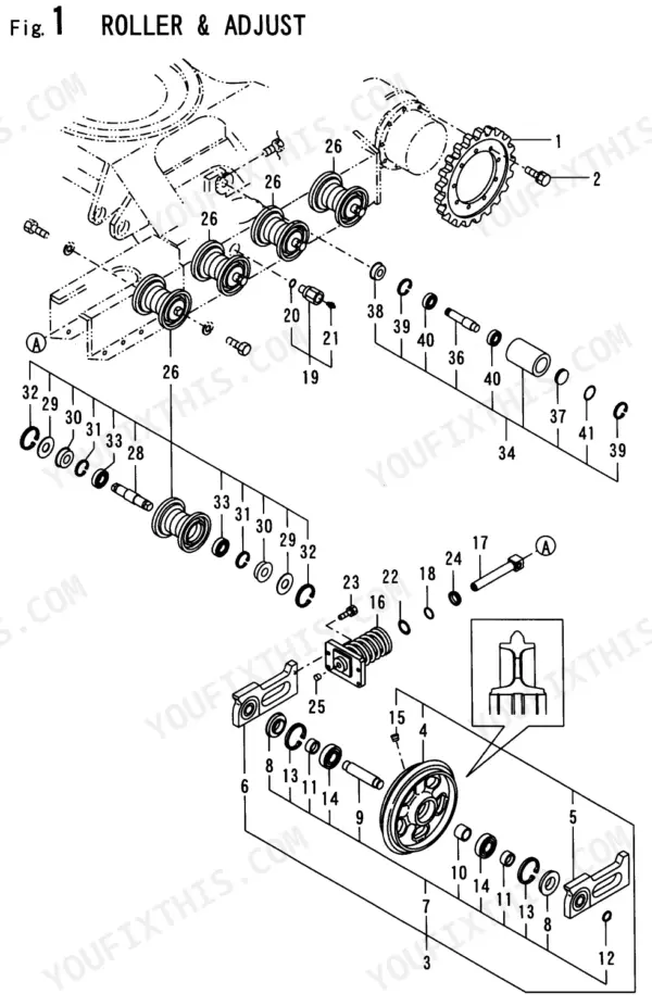 Yanmar B37V-1 (3TNE88-B1A) exploded view of undercarriage roller and track adjuster assembly components.