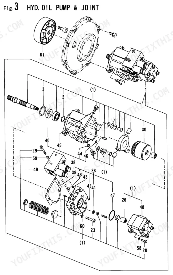 07331c16-b-exploded-view-7 Yanmar B37V-1 (3TNE88-B1A) exploded view diagram of the hydraulic oil pump and joint assembly.
