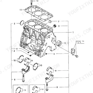 Yanmar 3TN84L-RBB exploded view diagram of the cylinder block, main bearings, and head gasket components.