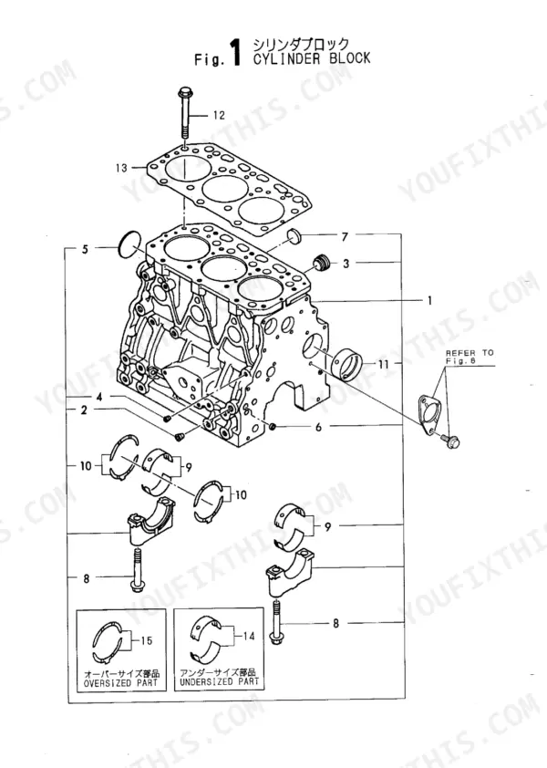 08fa22a6-b-exploded-view-3 Yanmar 3TN84L-RBB exploded view diagram of the cylinder block, main bearings, and head gasket components.