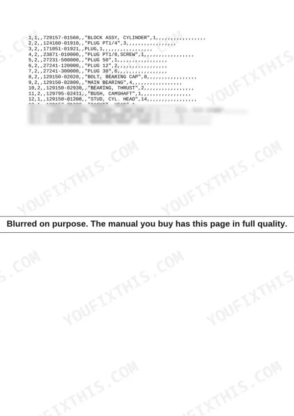 Yanmar 3TN84L-RBB parts list for cylinder block assembly, including bearings, plugs, studs, and head gaskets.