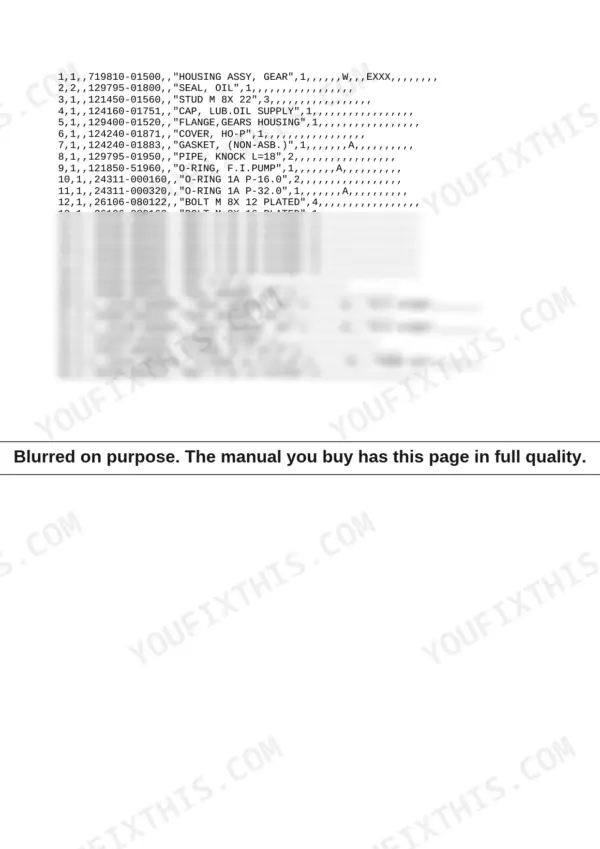 Yanmar 3TN84L-RBB parts list for gear housing assembly, including bolts, seals, and O-rings with part numbers.
