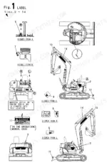 08fe5faf-b-page-13 Yanmar Vio40-2 excavator diagram showing placement of safety labels, serial number locations, and warning decals.