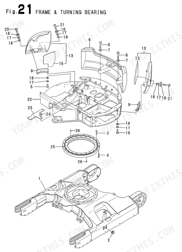 Yanmar Vio40-2 exploded view diagram of the frame and turning bearing assembly with numbered parts list components.