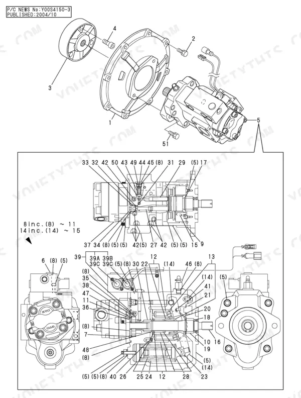 Yanmar Vio40-2 exploded view diagram of the hydraulic pump assembly and internal component parts list.