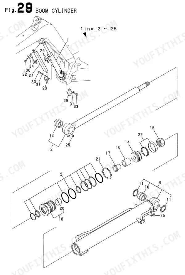 Yanmar Vio40-2 exploded view diagram of the boom cylinder assembly showing piston, rod, seals, and mounting hardware components.