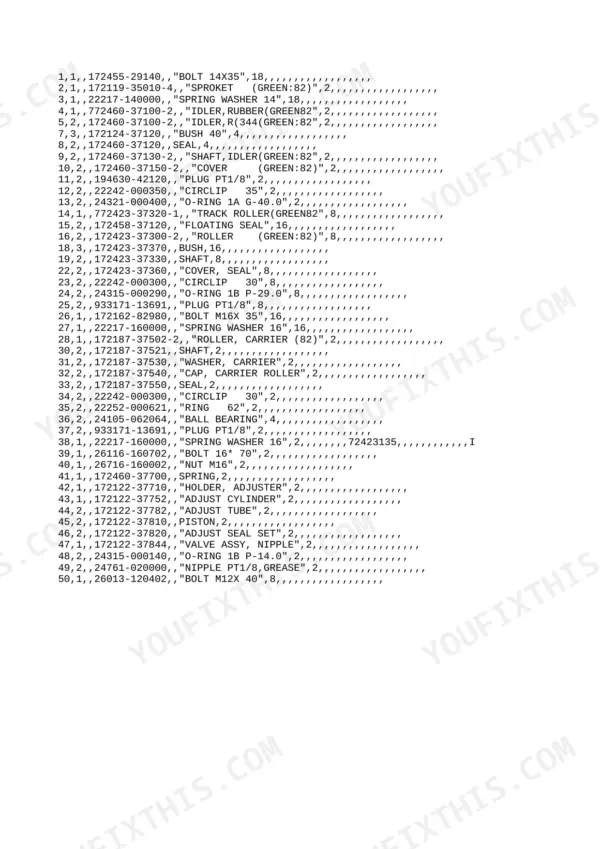 Yanmar Vio40-2 parts list for track rollers, idlers, and adjusters including bolts, seals, and bushings.