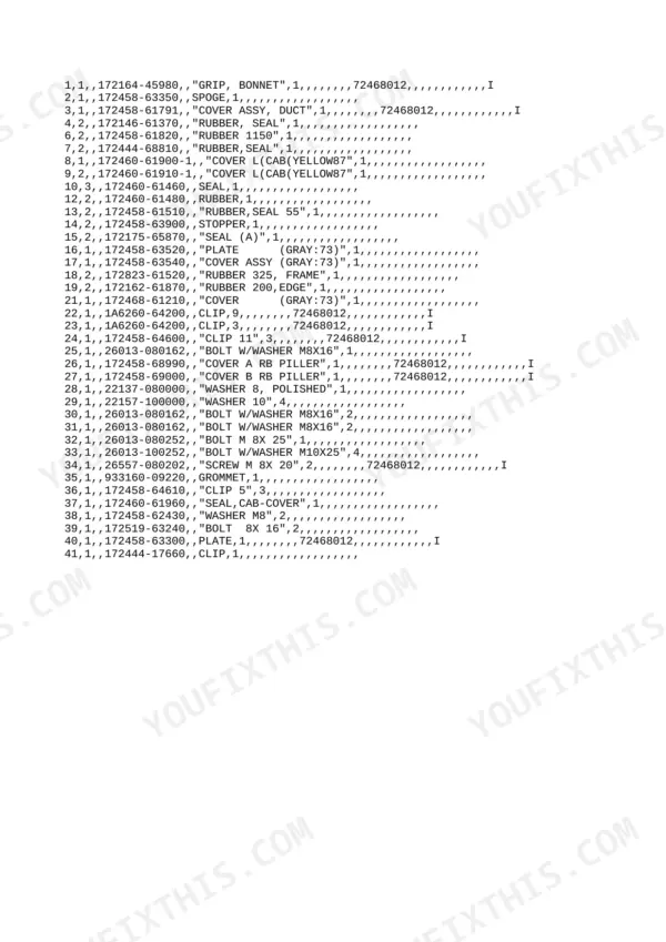 Yanmar Vio40-2 parts list for cab components, including bonnet grips, duct covers, seals, and mounting hardware.