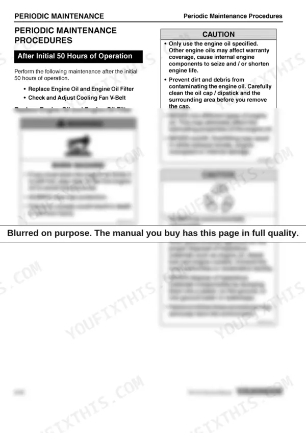 Yanmar EA2400, 3TNV72-YUKS periodic maintenance procedures for initial 50-hour engine oil and filter change.