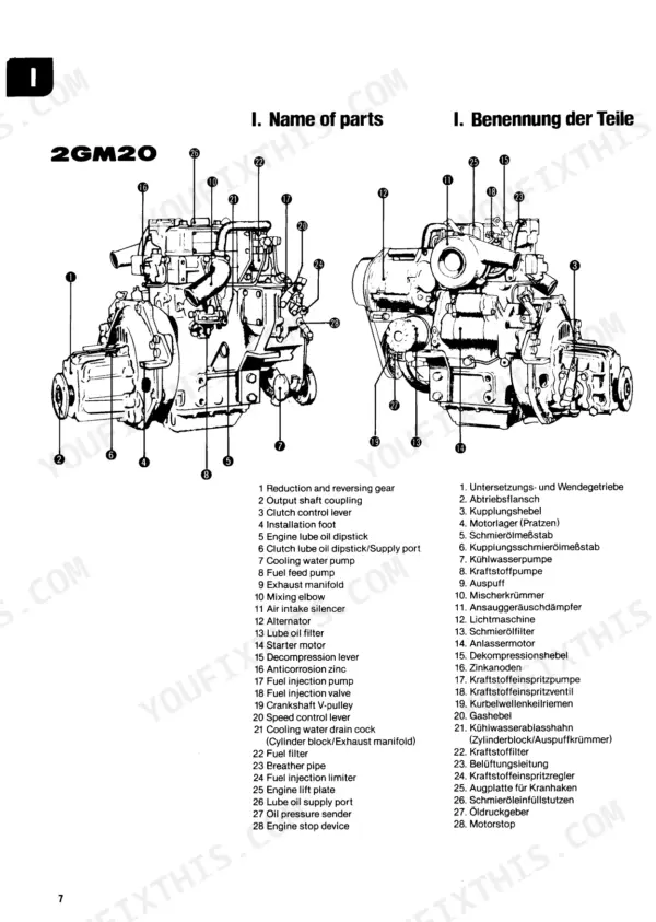 Yanmar 1GM10, 2GM20(F), 3GM30(F), 3HM35(F), 2GM20 (F), 3GM30 (F), 3HM35 (F) engine parts diagram and identification list.