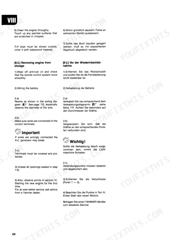 Yanmar 1GM10, 2GM20(F), 3GM30(F), 3HM35(F) procedures for cleaning engine and removing engine from storage.