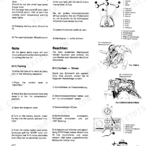 Yanmar 1GM10, 2GM20(F), 3GM30(F), 3HM35(F) engine turning procedure, control lever, decompression, and alarm panel diagrams.